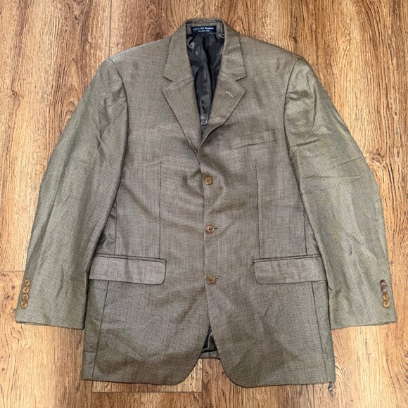 Andrew Fezza Other - Andrew Fezza Fusion Silk Super 100s Wool Blazer Mens 40R Brown Micro Check